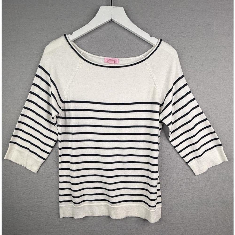 Lilly Pulitzer Striped Boat Neck Sweater‎ Sz M White Navy 100% Cotton Nautical